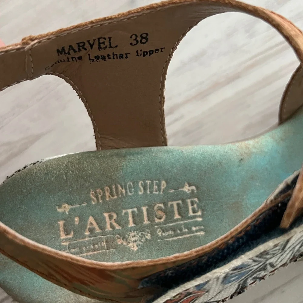 Spring Step L'Artiste Marvel Leather Sandals Multi Color Floral Boho Heel 38